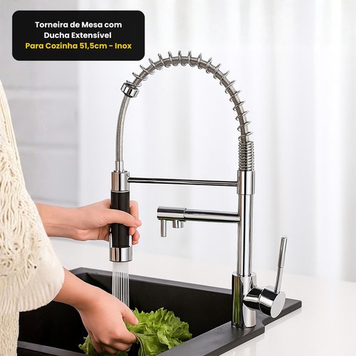 Torneira de Mesa com Ducha Extensível Para Cozinha 51,5cm - Inox