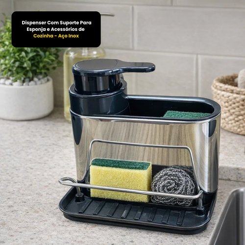 Dispenser Com Suporte Para Esponja e Acessórios de Cozinha - Aço Inox