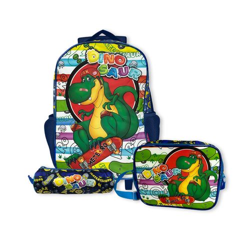 Kit Mochila Infantil Escolar Com 3 Peças Dinossauro Azul