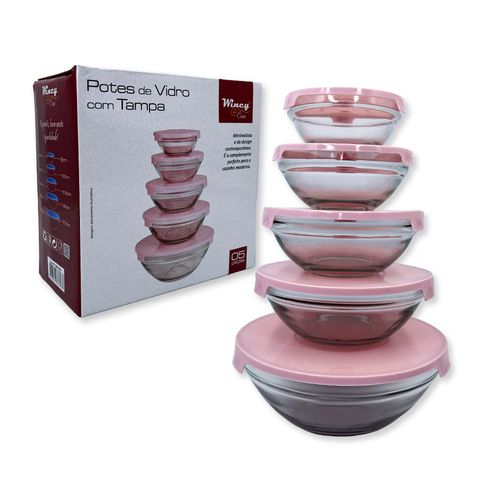 Conjunto 5 Potes de Vidro Hermeticos Com Tampa - Rosa