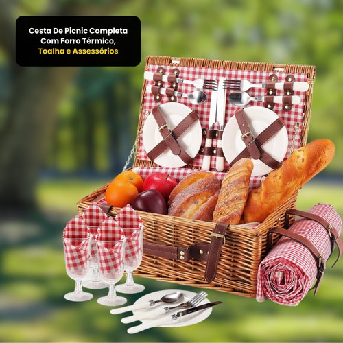 Cesta De Picnic Completa Com Forro Térmico, Toalha E Acessórios