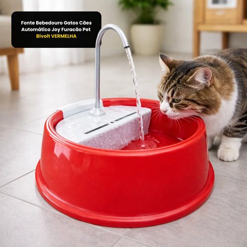 Fonte Bebedouro Gatos Cães Automático Joy Furacão Pet Bivolt - VERMELHA