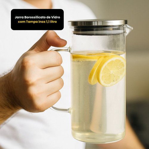 Jarra Borossilicato de Vidro com Tampa inox 1,1litro
