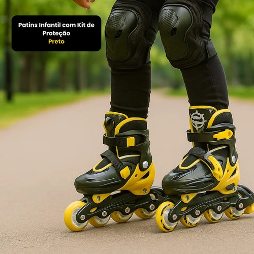 Patins Infantil com Kit de Proteção - Preta