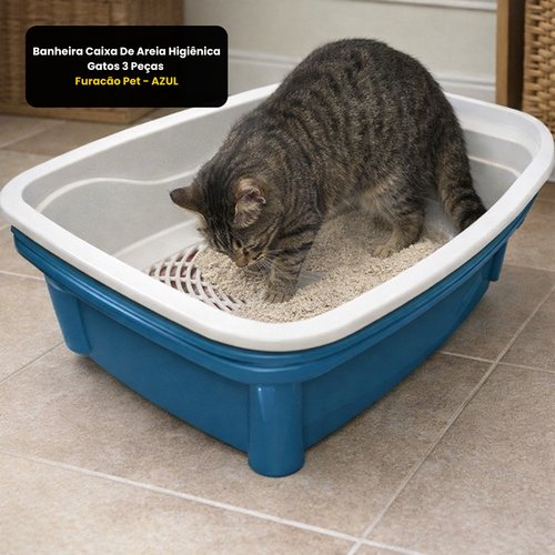 Banheira Caixa De Areia Higiênica Gatos 3 Peças Furacão Pet - AZUL