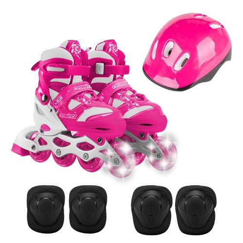 Patins Infantil Feminino Travessos 4 Rodas Esporte com LED e Acessórios 31-34 - Rosa