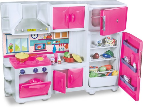Cozinha De Brinquedo Com Geladeira Armário Fogão E Coifa - Rosa