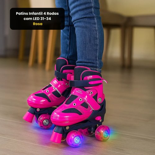 Patins Infantil 4 Rodas Com Led 31-34 - Rosa
