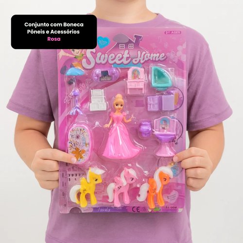 Conjunto com Boneca Pôneis e Acessórios - Rosa