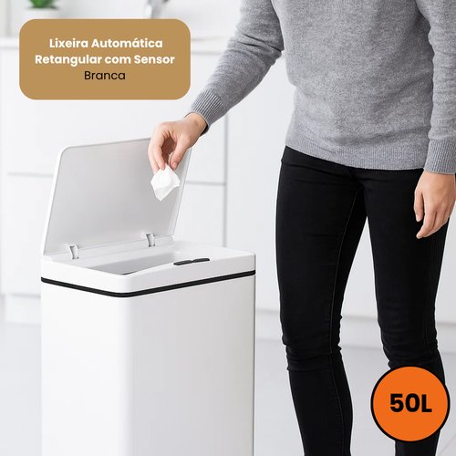 Lixeira Automática Retangular 50 Litros com Sensor - Branca