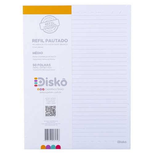 Refil Disko 50 Folhas Pautadas Médio Caderno Disco Reposicionável Escolar