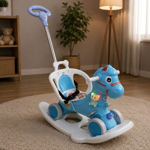 Cavalinho Infantil 3 em 1 com Empurrador Balanço Luz e Sons - Azul