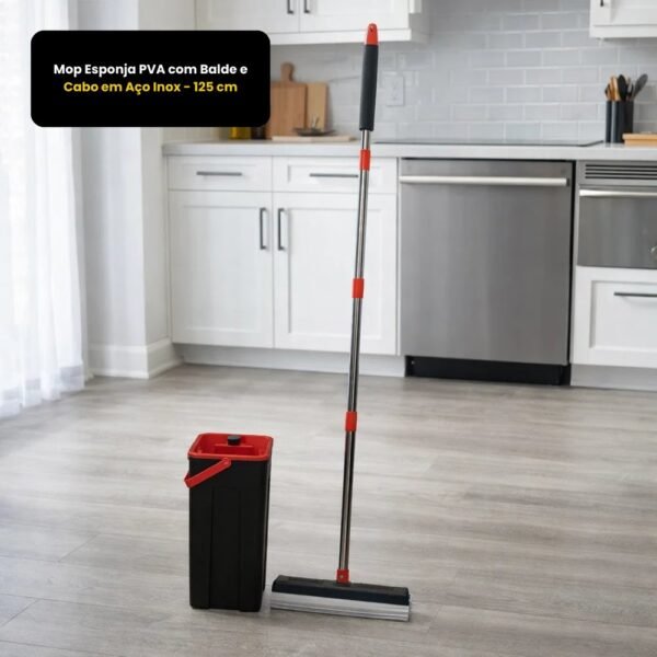 Mop Esponja PVA com Balde e Cabo em Aço Inox - 125 cm