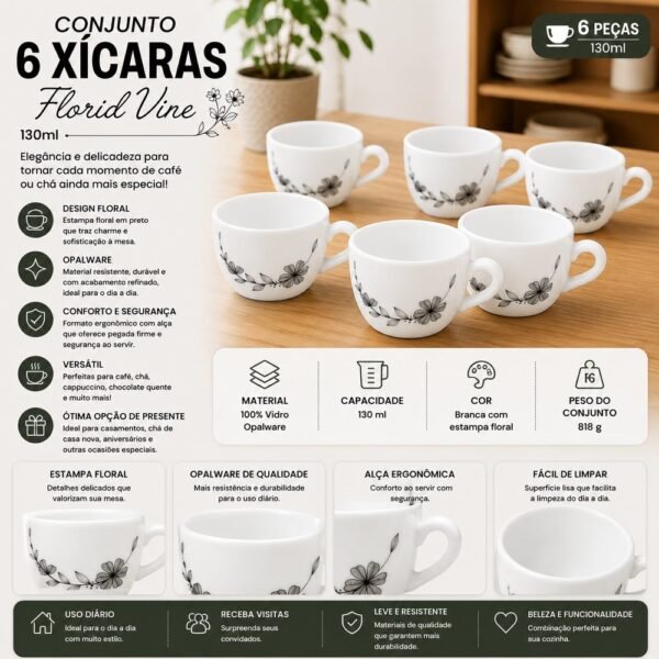 Conjunto 6 Xícaras Florid Vine 130ml - Branca