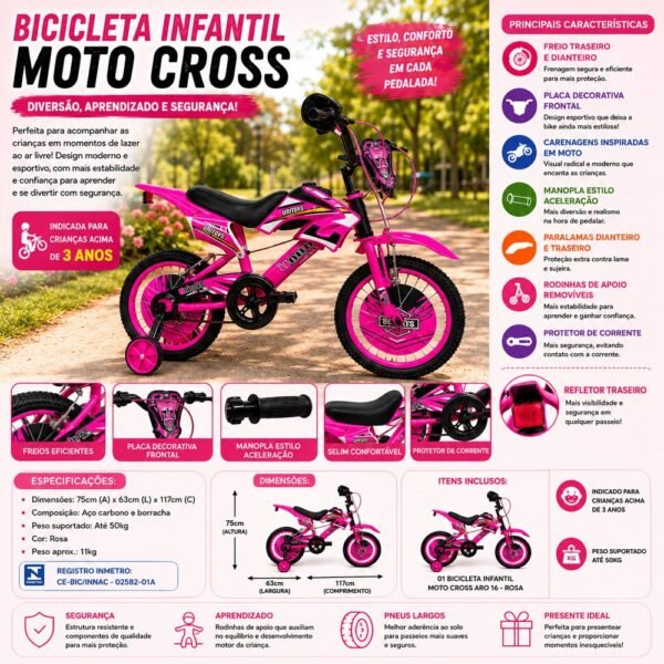 Bicicleta Infantil Moto Cross Aro 16 - Rosa