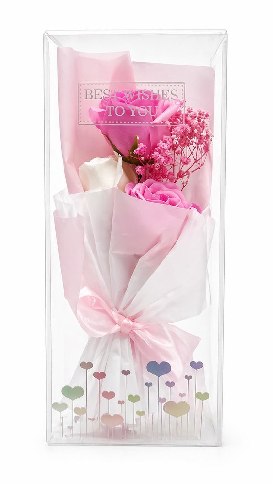 Buquê Decorativo Rosa Com Caixa Transparente - Rosa