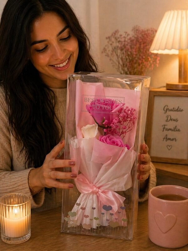 Buquê Decorativo Rosa Com Caixa Transparente - Rosa