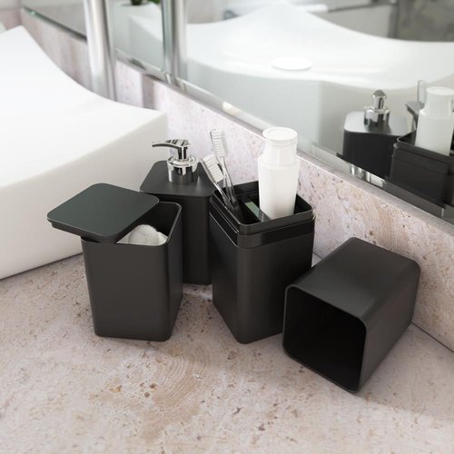 b1q5q14t1v-lg-2.jpg Kit Dispenser para Sabonete Líquido Porta Escovas de Dente e Porta Algodão - Preta