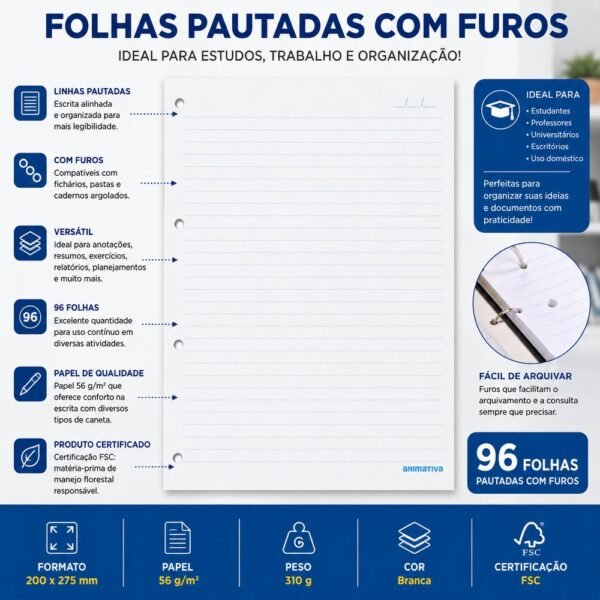 bx3poejbd8q-xl-1.jpg Folha Pautada para Fichário 96 Folhas com Furos