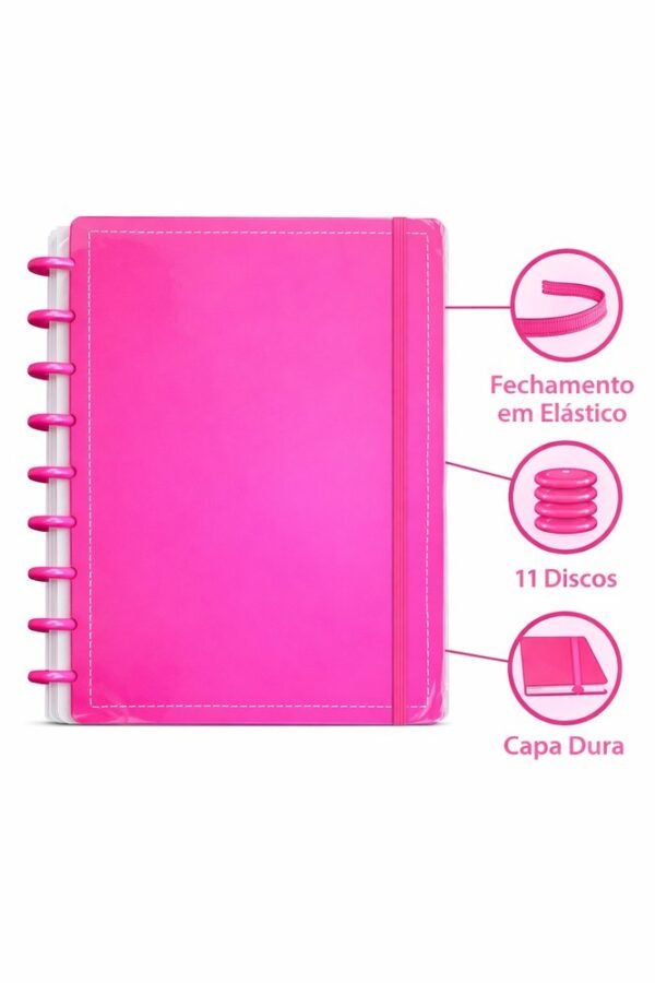 Caderno Inteligente Disco Grande Ping G 60 Folhas Reposicionáveis Capa Dura Rosa Elástico