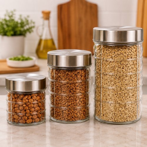 Conjunto 3 Potes Redondos Vidro Tampa Inox