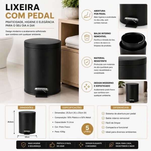 gwwttql5kr5-xl-1.jpg Lixeira com Pedal e Tampa 5 Litros - Preta