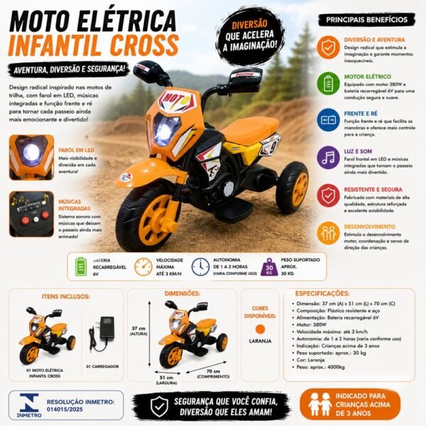 Moto Elétrica Infantil Cross com Luz - Laranja