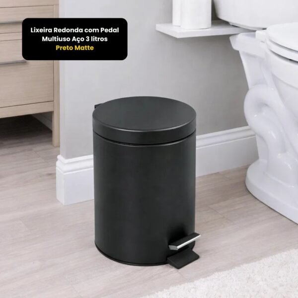 katdzjwyojp-xl-1.jpg Lixeira Redonda com Pedal Multiuso Aço 3 litros - Preto Matte