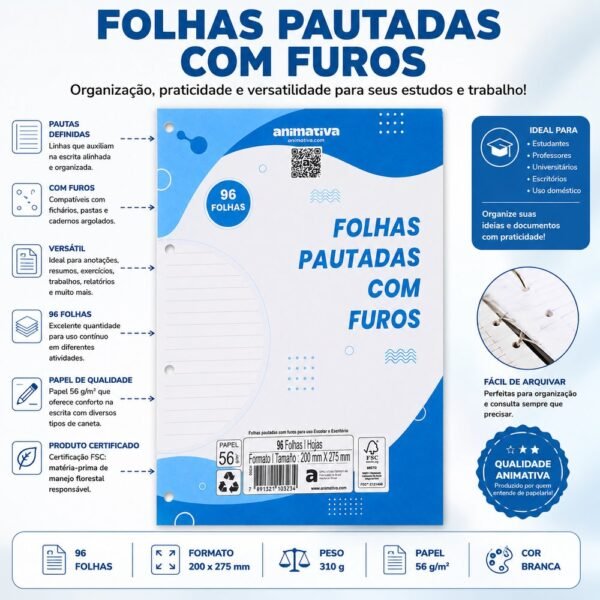 l828i1mxll-xl-1.jpg Folha Pautada para Fichário 96 Folhas com Furos