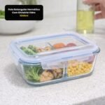 Pote Retangular Hermético Com Divisória Vidro 1040ml
