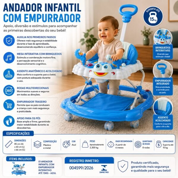 Andador Infantil com Empurrador Interativo - Azul
