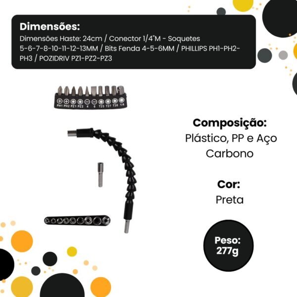 r58ipazyipe-xl-1.jpg Kit Cabo Extensor Flexível Para Parafusadeira Com Bits e Soquete - 21 Peças