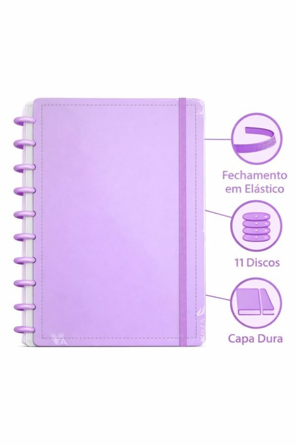 Caderno Inteligente Disco Grande G 60 Folhas Reposicionáveis Capa Dura Lilás Elástico Disko