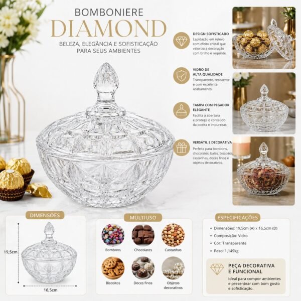 Bomboniere Diamond de Vidro com Tampa 19,5cm