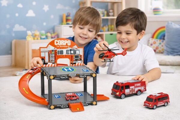 Estacionamento Bombeiros Infantil Pista Montar 13 Peças Carrinhos Helicóptero