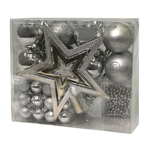Kit com 44 Peças de Enfeite Natalino com Estrela, Bolinhas, Festão e Cordão de Pérolas