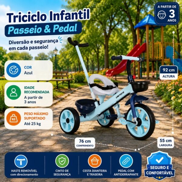 Triciclo Infantil com Empurrador e Pedal- Azul