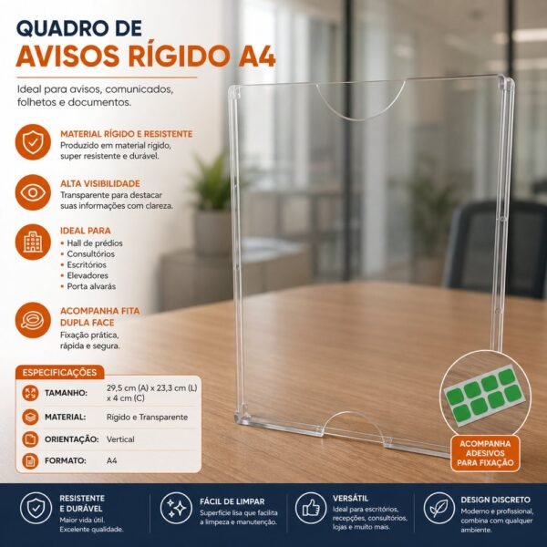 Quadro de Avisos Rígido A4  com Fita Dupla Face