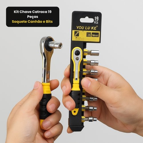 Kit Chave Catraca 19 Peças Soquete Canhão e Bits