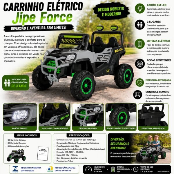 Carrinho Elétrico Infantil Jipe Force - Cinza
