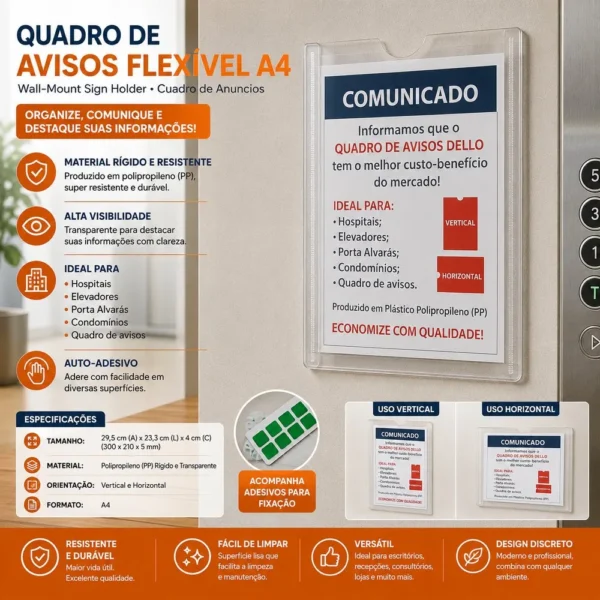 Quadro de Avisos Flexível A4 com Adesivo Transparente