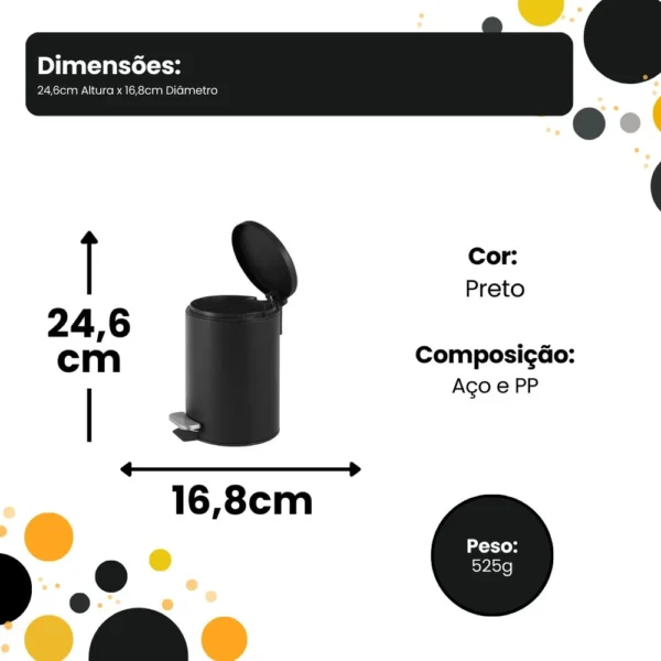 Lixeira Redonda com Pedal Multiuso Aço 3 litros - Preto Matte - 5