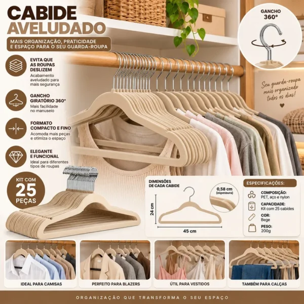 1.26100.36.7860-3 Kit com 25 Cabides Aveludados com Gancho 360° - Bege - 3