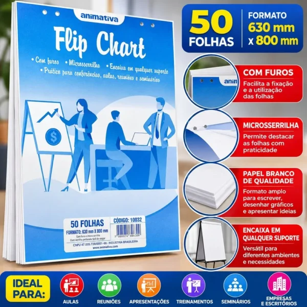 10032-5 Bloco Flip Chart Anotações Aulas Palestras Folhas Papel 50 Folhas 630 x 800mm -Branco