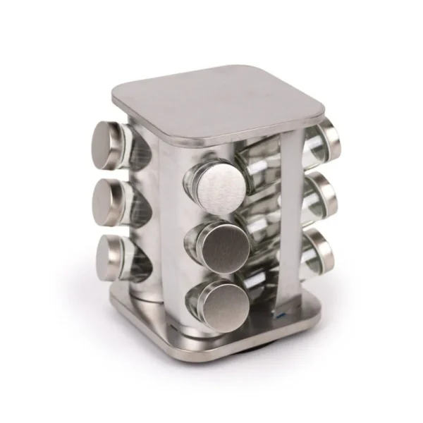 109025-1 Porta Condimentos e Temperos Giratório com 12 Potes em Aço Inox e Vidro