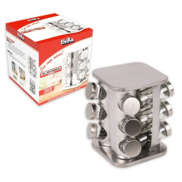 Porta Condimentos e Temperos Giratório com 12 Potes em Aço Inox e Vidro - 2