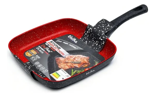 112026-1 Frigideira Grill Quadrada 24cm Antiaderente Indução Stone Red Point Cabo Resistente