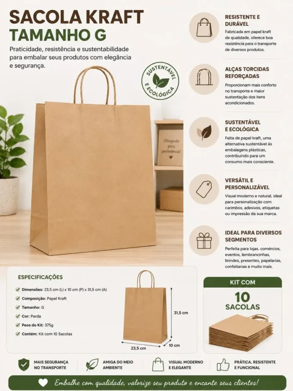 11218-1 Kit 10 Sacola Kraft Tamanho G - Parda
