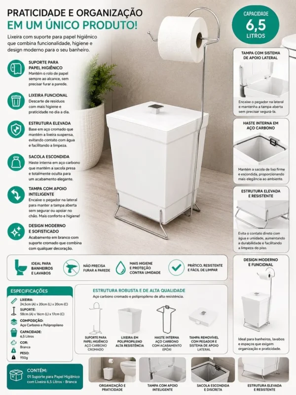 1445BR-1 Suporte para papel higiênico com lixeira 6,5 Litros