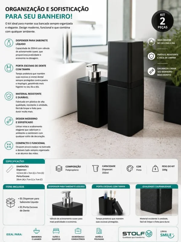 Kit Porta Escova e Dispenser para Sabonete - Preta